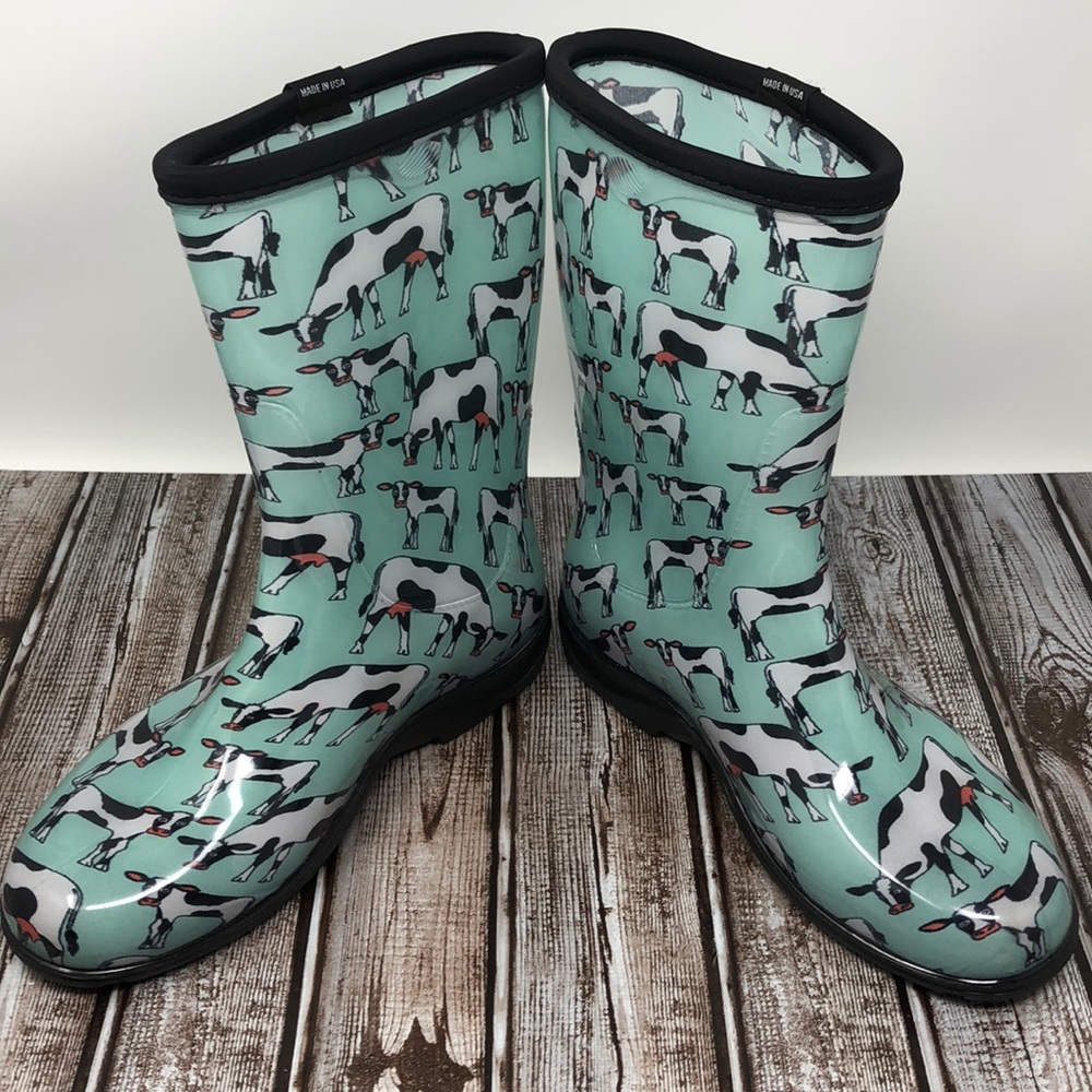 Sloggers mint cow print rain boots women’s size 8